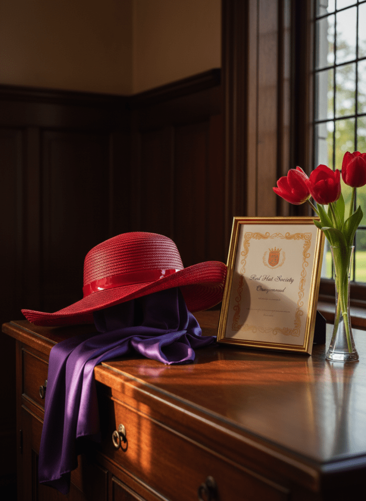 An elegant, glossy red hat perched atop a neatly folded purple satin scarf, both arranged on a polished wooden sideboard. Beside them, a framed certificate with the Red Hat Society Oranjewoud name and a small orange crest stands upright, slightly angled. A delicate glass vase holds three red tulips with dewy petals, adding a fresh touch. The setting is an atmospheric, historic Dutch interior with a blurred hint of a leaded-glass window in the background. Late afternoon natural light streams sideways, creating dramatic, warm highlights on the hat’s contours and soft reflections on the wood. Photographic realism, composed asymmetrically with a shallow depth of field, evoking pride, tradition, and playful elegance.
