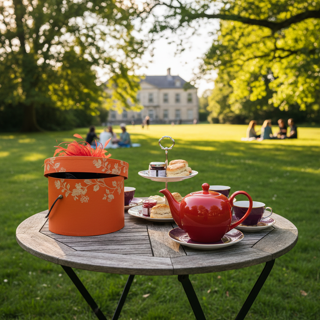 A cozy, brightly colored tea setup featuring a glossy red porcelain teapot with a curvy handle and a matching purple saucer, placed on a round wooden garden table. Next to it, a decorative orange hatbox with a subtle floral pattern is slightly open, revealing a peek of a red feathered fascinator inside. The scene is set in a lush green park, with blurred trees and a hint of an old estate in the background. Warm golden hour sunlight filters through leaves, casting dappled light and playful shadows. Photographic realism, composed using the rule of thirds from a slightly elevated angle, with rich colors and a lively, social atmosphere suggesting a friendly club gathering just about to begin.