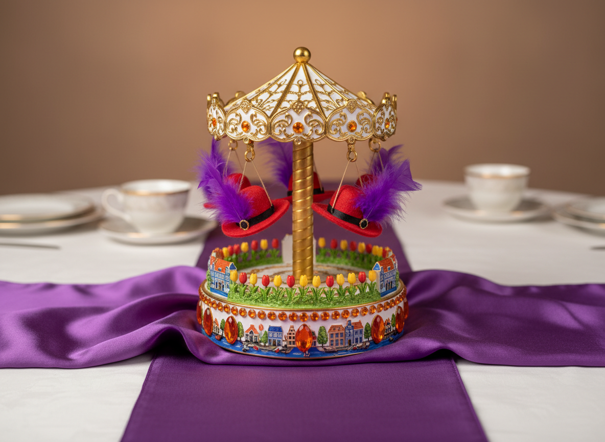 A close-up of a whimsical centerpiece designed for a club table: a miniature ornate carousel where each horse is replaced by a tiny sculpted red hat with purple feathers, circling around a golden pole. The base is decorated with orange jewels and tiny Dutch motifs like tulips and canals. It sits on a glossy purple table runner atop a white tablecloth, with blurred hints of teacups and plates in the background. Soft studio-style lighting from above and slightly to the side creates crisp details and subtle reflections on the metallic accents. Photographic realism, shot with a shallow depth of field and centered composition, conveying playful sophistication and the joyful creativity of the club’s gatherings.