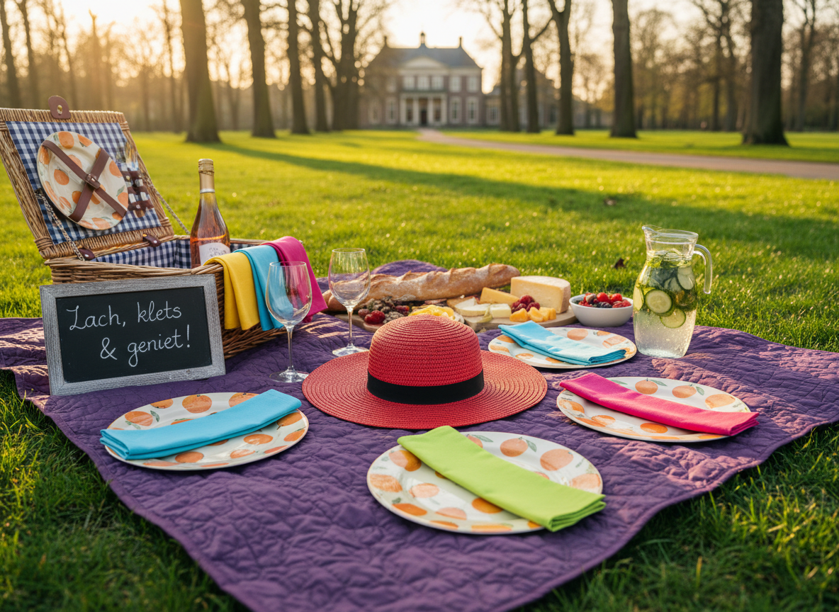 A charming picnic spread laid out on a soft purple blanket on lush green grass, with a bold red hat placed in the center as a cheerful focal point. Around it are neatly arranged orange-patterned plates, a wicker basket half-open revealing colorful napkins, and a small chalkboard sign that reads “Lach, klets & geniet!” in casual handwriting. In the distant, softly blurred background, stately trees and a hint of an Oranjewoud estate create a sense of place. Warm, low golden hour sunlight washes the scene, creating sparkling highlights on glassware and long, friendly shadows. Photographic realism, captured from a slightly elevated angle, with vibrant colors and a playful, sociable atmosphere.